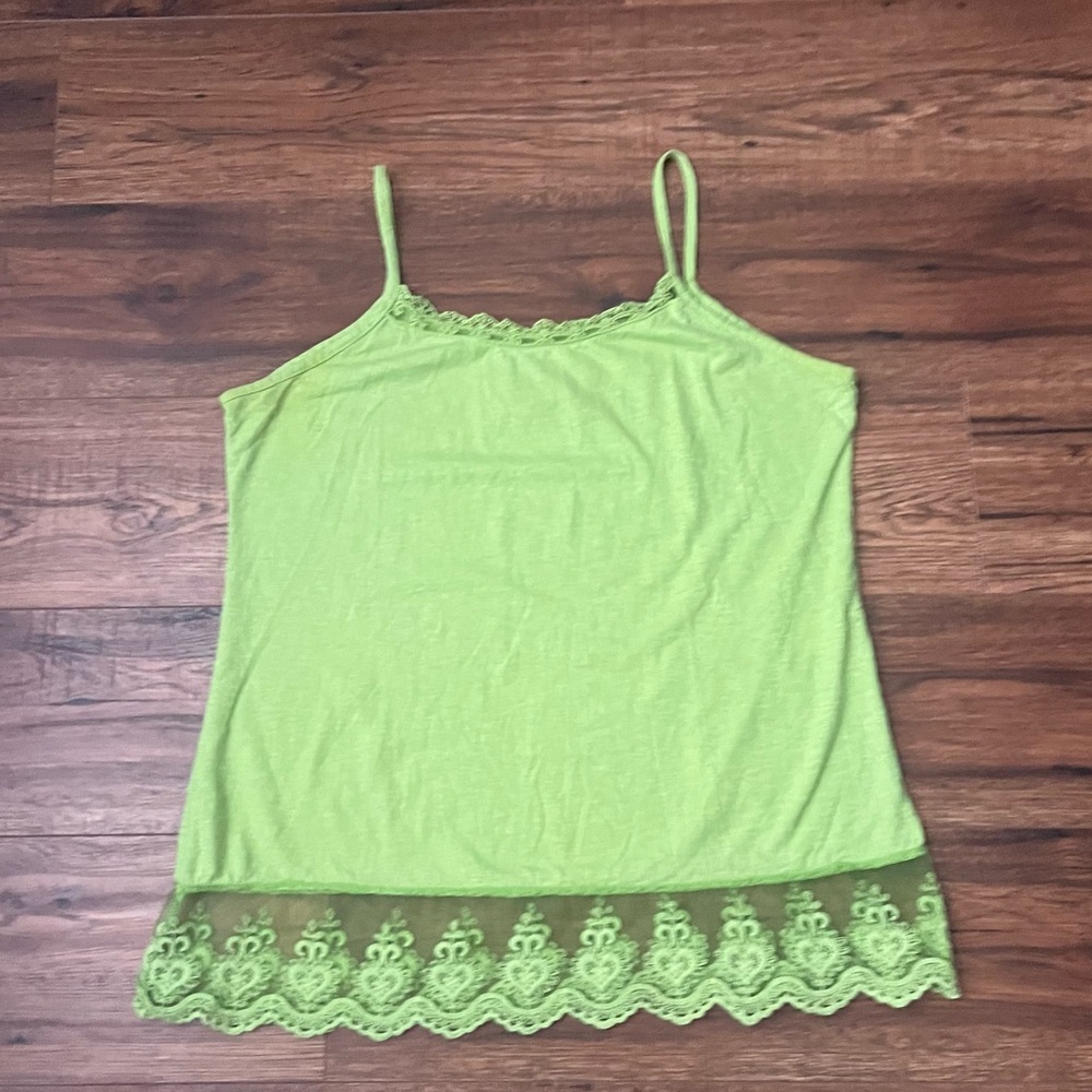 Vintage Womens Y2K Lime Green Boho Tank Cotton Lightweight Lace Summer‎ Medium